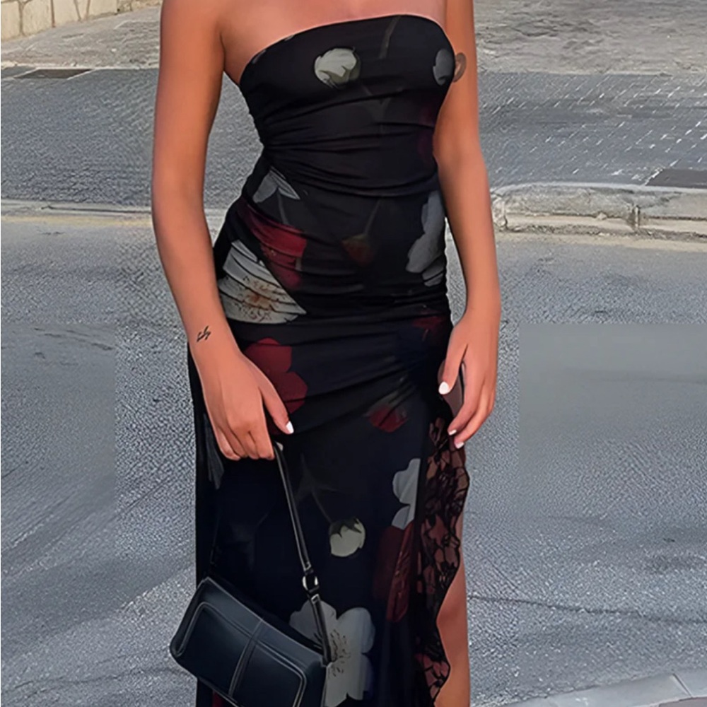 Commence Floral Print Split Thigh Tube Midi Dress